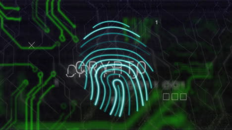 fingerprint and crypto text animation over green circuit board background