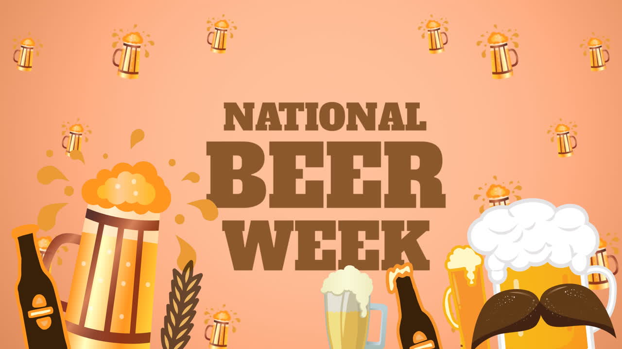Animation of national beer week text over beer icons