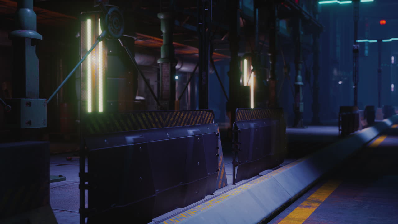 네온 조명과 보안 장벽이 있는 사이버 크 산업 복도