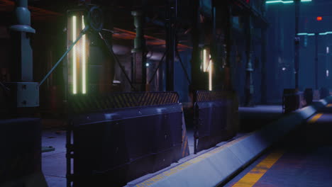 corredor industrial cyberpunk con luces de neón y barreras de seguridad