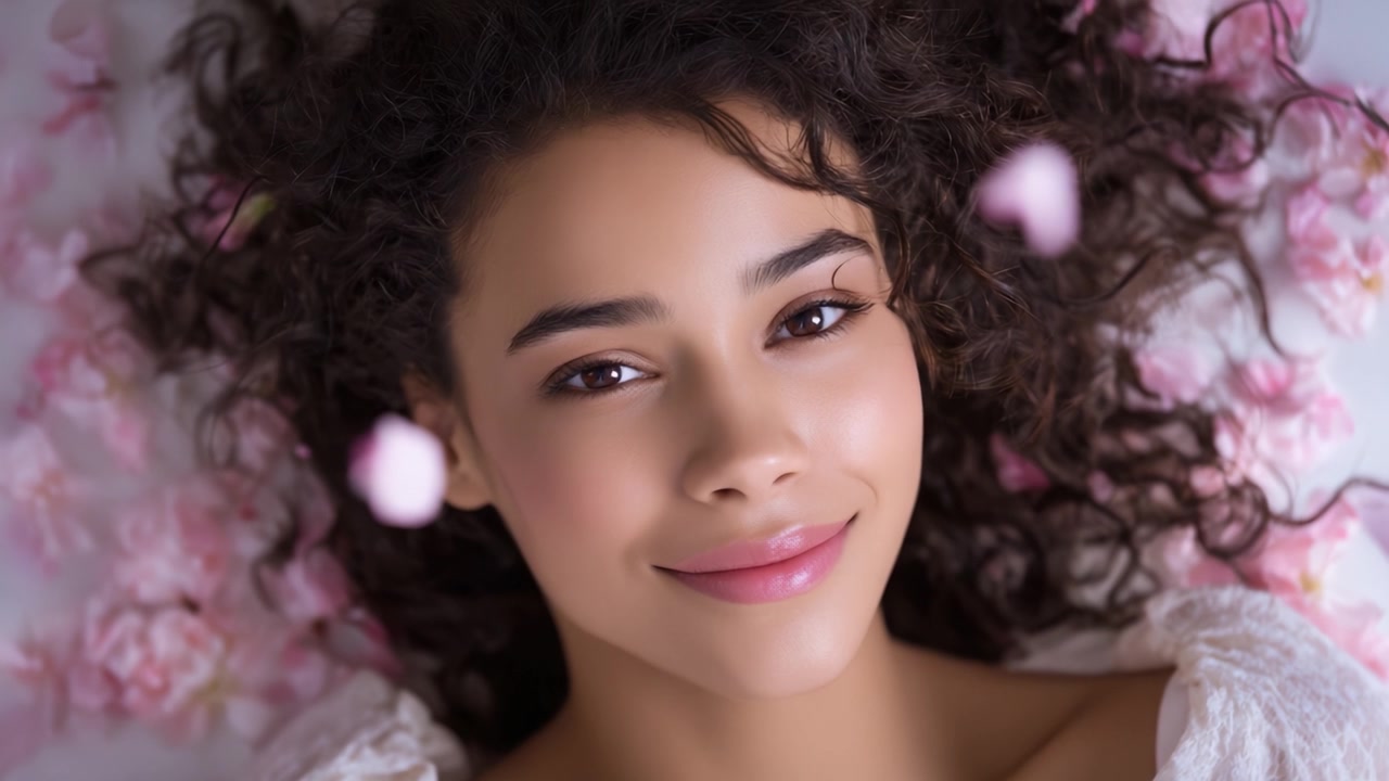 Un momento sereno catturato, che mette in mostra la bellezza naturale e delicati accenti floreali che esaltano il sorriso affascinante e la pelle luminosa del soggetto in una luce soffusa e calda.