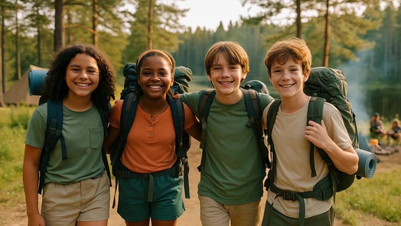 Groep blije kinderen met rugzakken op een wandeltocht