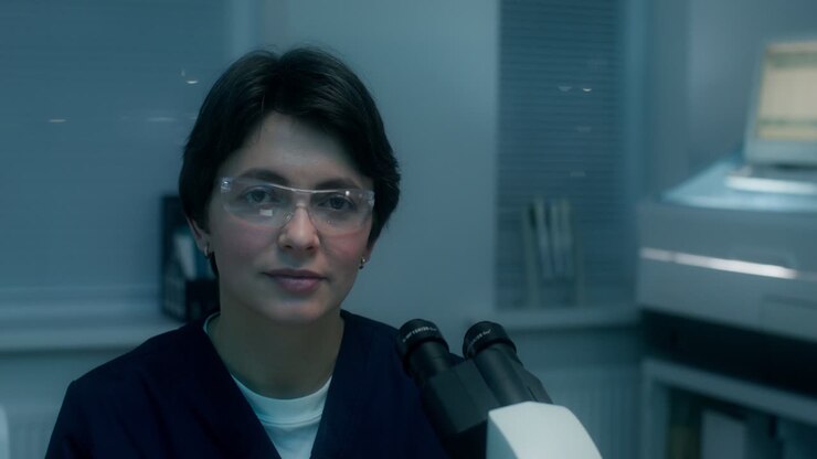 Scienziata al microscopio
