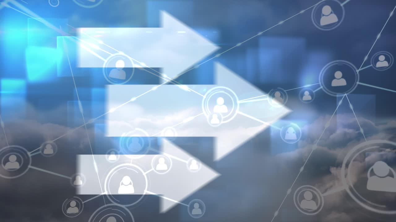 Animazione di una rete di connessioni e icone su testo di hacking con codice binario