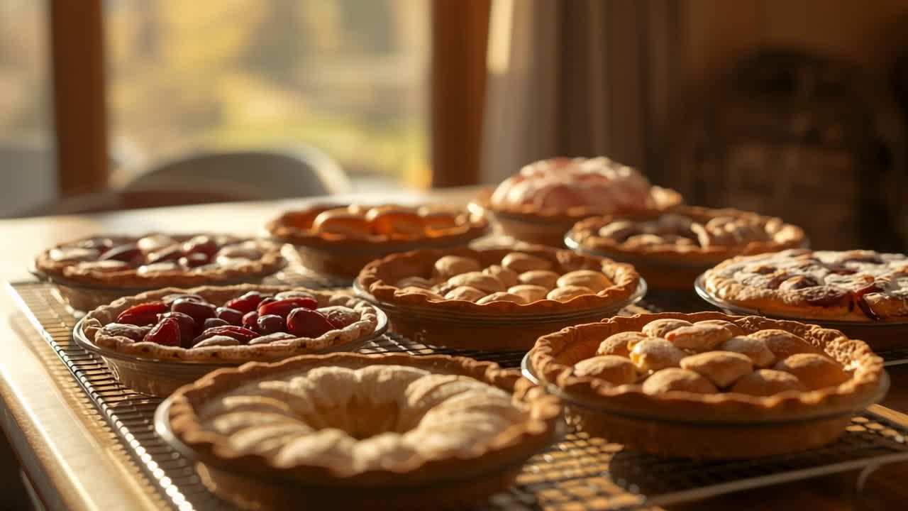 Opening shot capturing tarts and pies on cooling rack by sunlit window, sliding focus