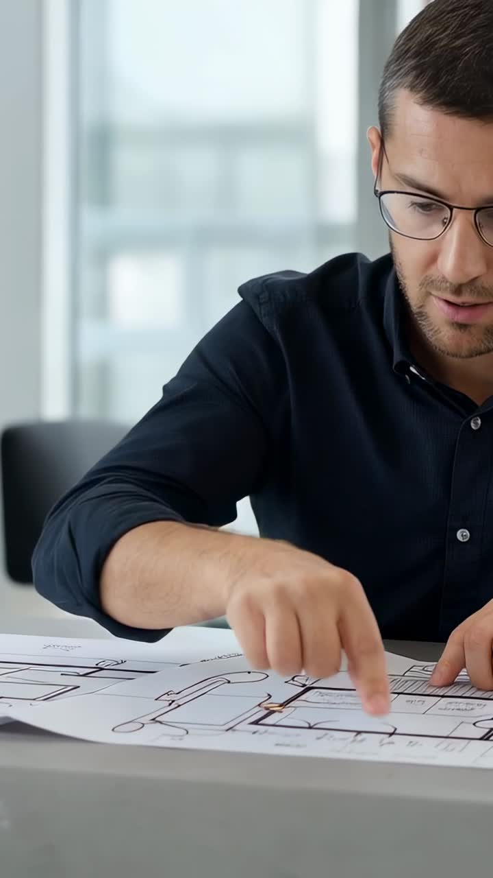 Vertical video: Leaning architect in dark shirt and glasses tracing plans at office, checking sizes