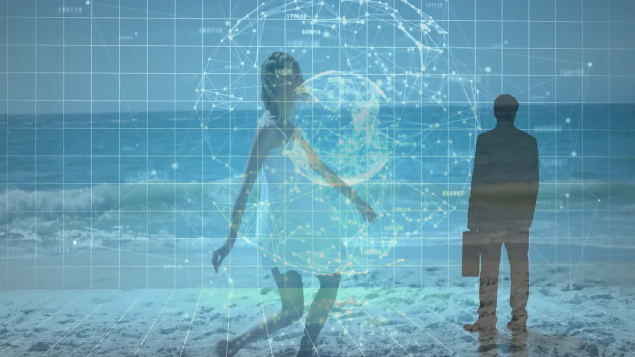 Network of connections and data processing animation over people on beach
