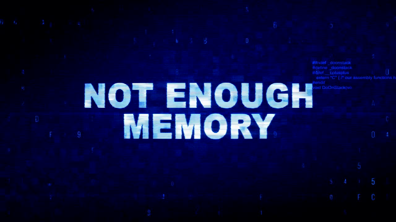 충분한 메모리가 없습니다. 텍스트 디지털 노이즈, 트이치, 글리치, 왜곡 효과, 오류, 애니메이션.