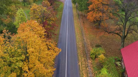 red rooftop of rural home near asphalt road in autumn season, aerial view