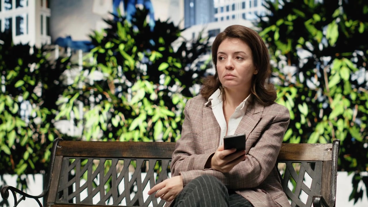 Donna su una panchina del parco che usa lo smartphone.