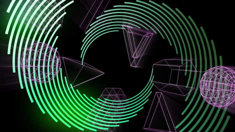 animación de múltiples formas geométricas iluminadas y patrón a rayas girando sobre un fondo negro