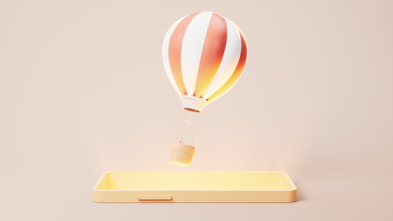 Loop animation of mobile phone with flying hot air balloon on it, 3d rendering.