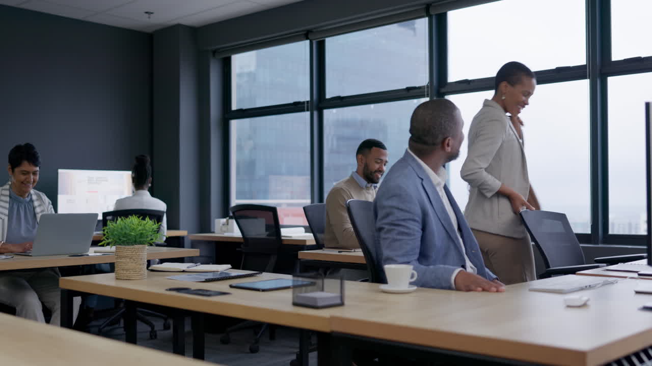 Business, office and morning hello of team at work