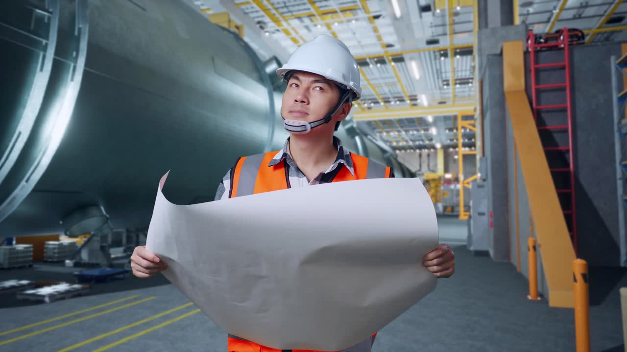 азиатский мужчина-инженер с защитным шлемом смотрит на чертеж в своих руках и смотрит вокруг, стоя на заводе по производству труб