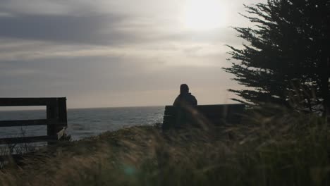 Person-sitting-on-bench-by-ocean-cliff-looking-out-to-sea