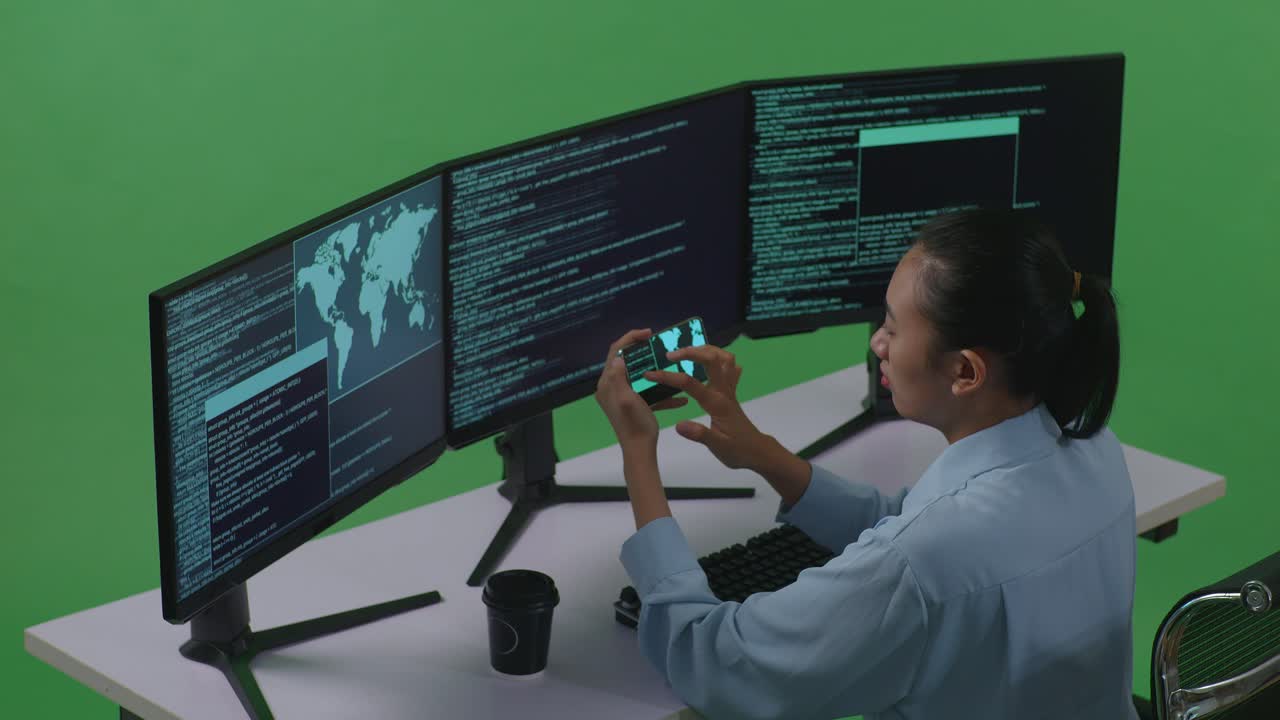 vista lateral de una desarrolladora asiática trabajando con un teléfono móvil mientras escribe código con múltiples pantallas de computadora en un estudio de pantalla verde