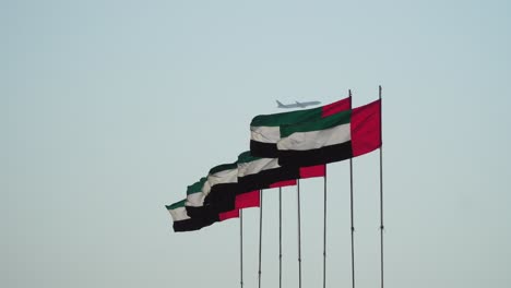 flags of the united arab emirates waving in the wind, the national symbol of uae, dubai based airlin's emirates commercial passenger aircraft passing in the background, 4k vidoe