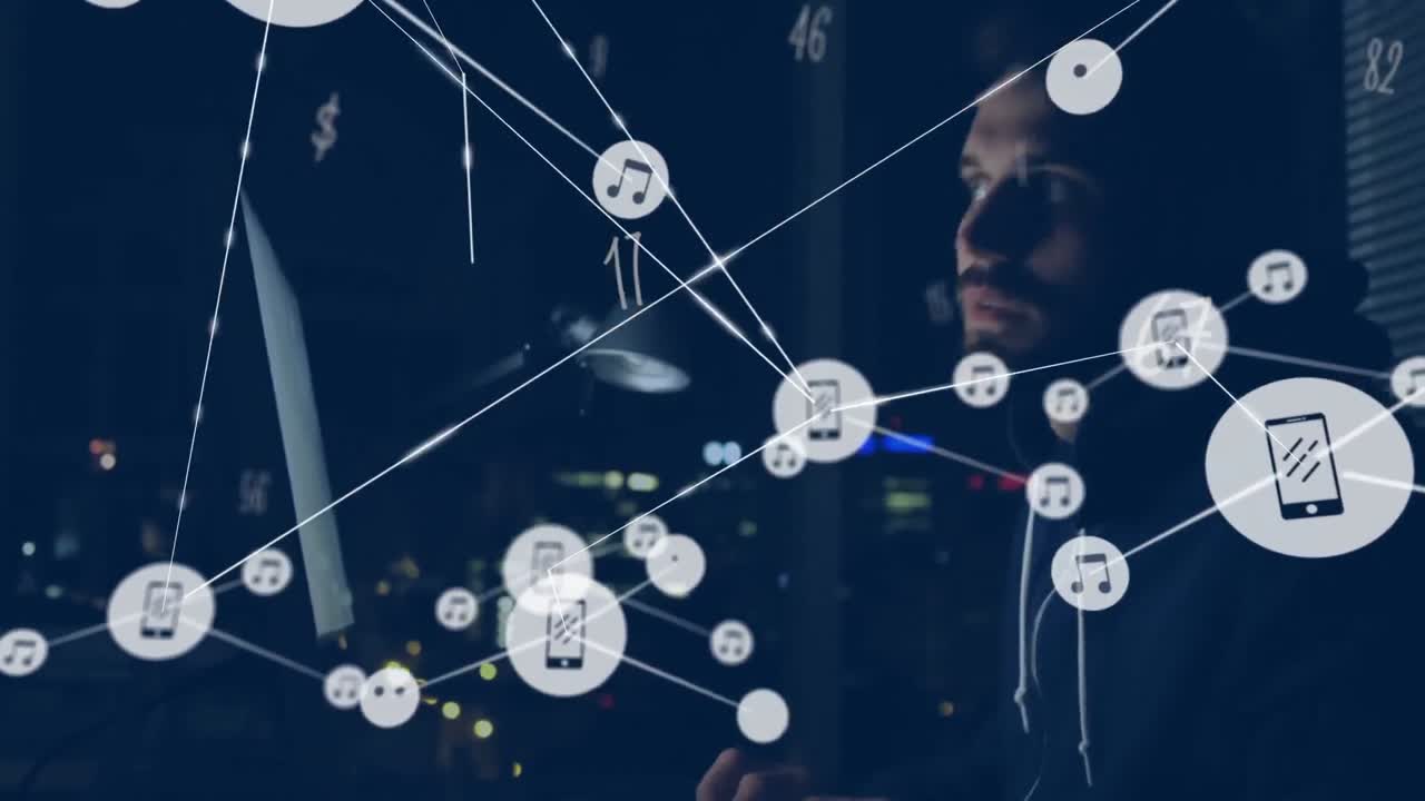 Animation of networks of connections and numbers over man using computer