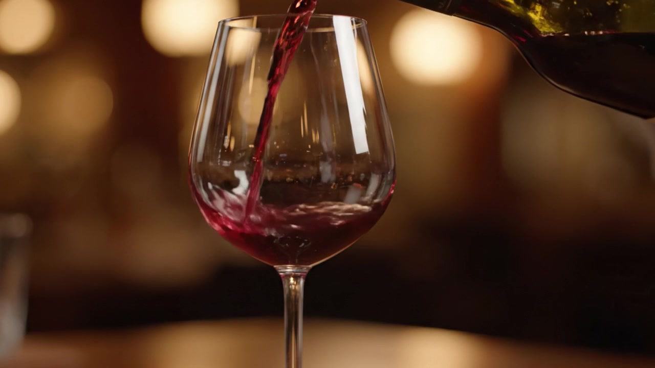 Catturare l'arte del vino: un bellissimo bicchiere in cui viene versato del ricco vino rosso, che mette in mostra l'eleganza della buona cucina e la gioia di assaporare sapori eccezionali.