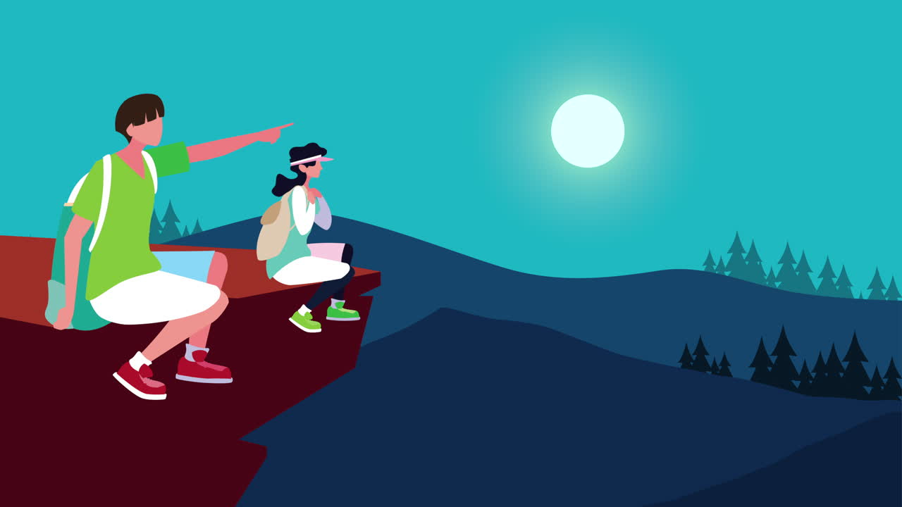 피크 애니메이션에서 젊은 모험적인 커플