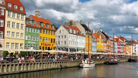 nyhavn timelapse, danish architecture, historical 17th, 18th century buildings. copenhagen, denmark. 2020, july.
