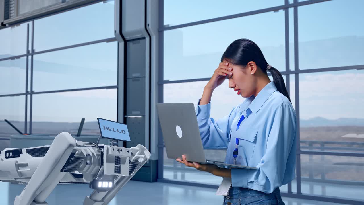 아시안 여성 직업 노동자가 하이테크 공장에서 노트북을 사용하는 측면 뷰 로 개, 그녀는 실망으로 머리를 흔들고 있습니다.
