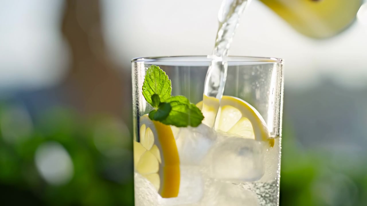 Close-up of a hand pouring a pale drink into a tall clear glass filled with ice, lemon slices, and mint leaves, set against a softly blurred green background in bright natural daylight