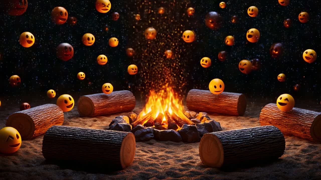 A Vibrant Campfire Scene Surrounded by Floating Emoji Faces, Illuminating the Night Sky with Sparks and Warmth, Creating a Whimsical Atmosphere of Joy and Connection