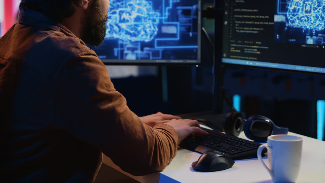 científico informático escribe código en una pc para visualizar redes neuronales artificiales
