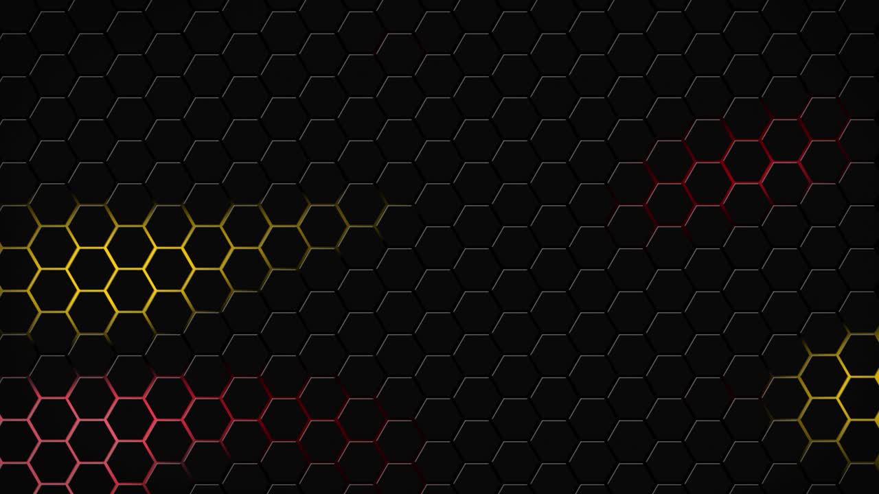 geometría hexagonal oscura azulejos brillantes animación 3d luz de neón conducida formas de luz cyber tecnología de patrón digital color de fondo rojo oscuro naranja