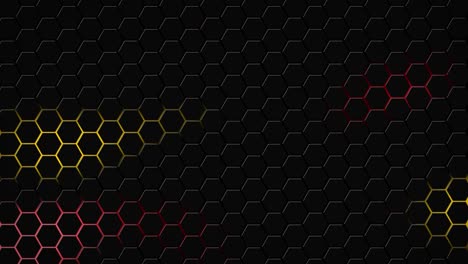 Dark-hexagon-geometry-glowing-tiles-3D-animation-neon-LED-luminance-light-shapes-cyber-digital-pattern-technology-background-color-dark-red-orange