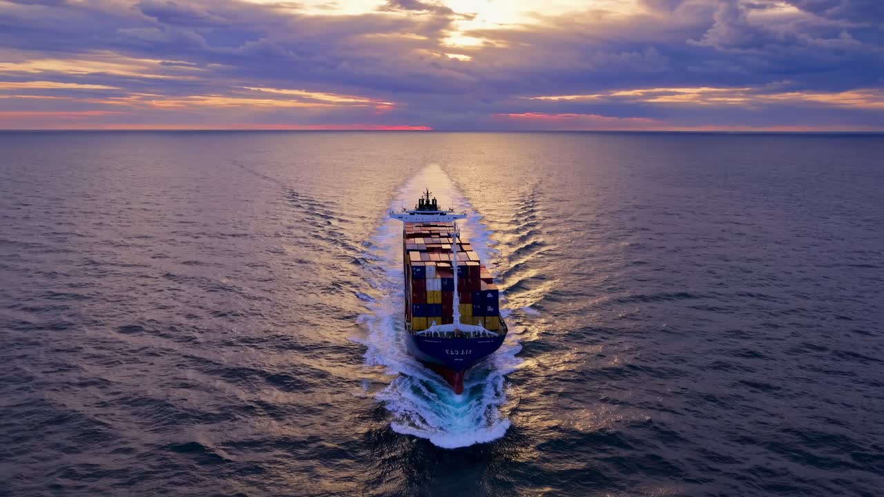 Aerial view of a cargo ship sailing at sunset, capturing the vast ocean