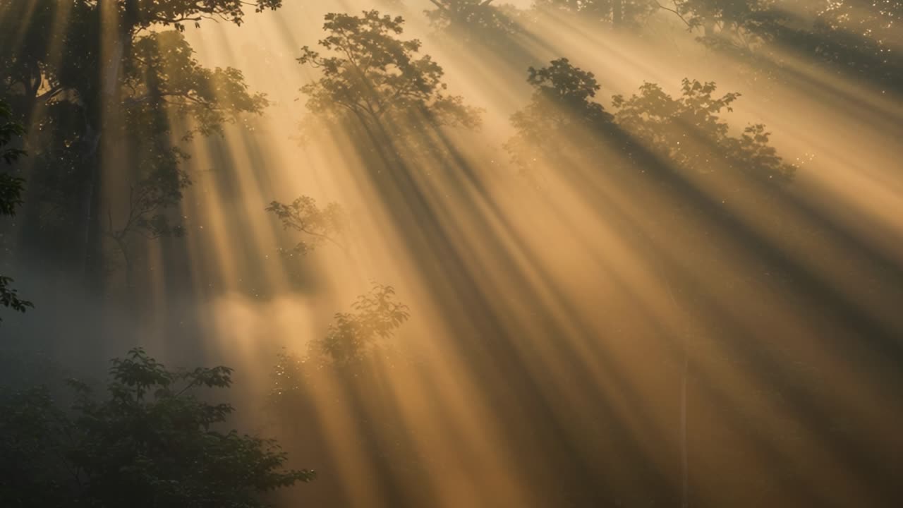 Radiant Sunbeams Cutting Through a Misty Forest Scene, Creating a Beautiful Display of Light and Shadow Among the Trees in Nature's Serenity and Tranquility