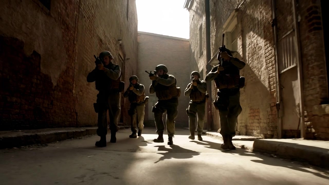 Five soldiers wearing helmets and tactical vests stand in narrow sunlit alley between tall brick walls. Rifles raised, they scan surroundings with focused stances, creating gritty urban tension