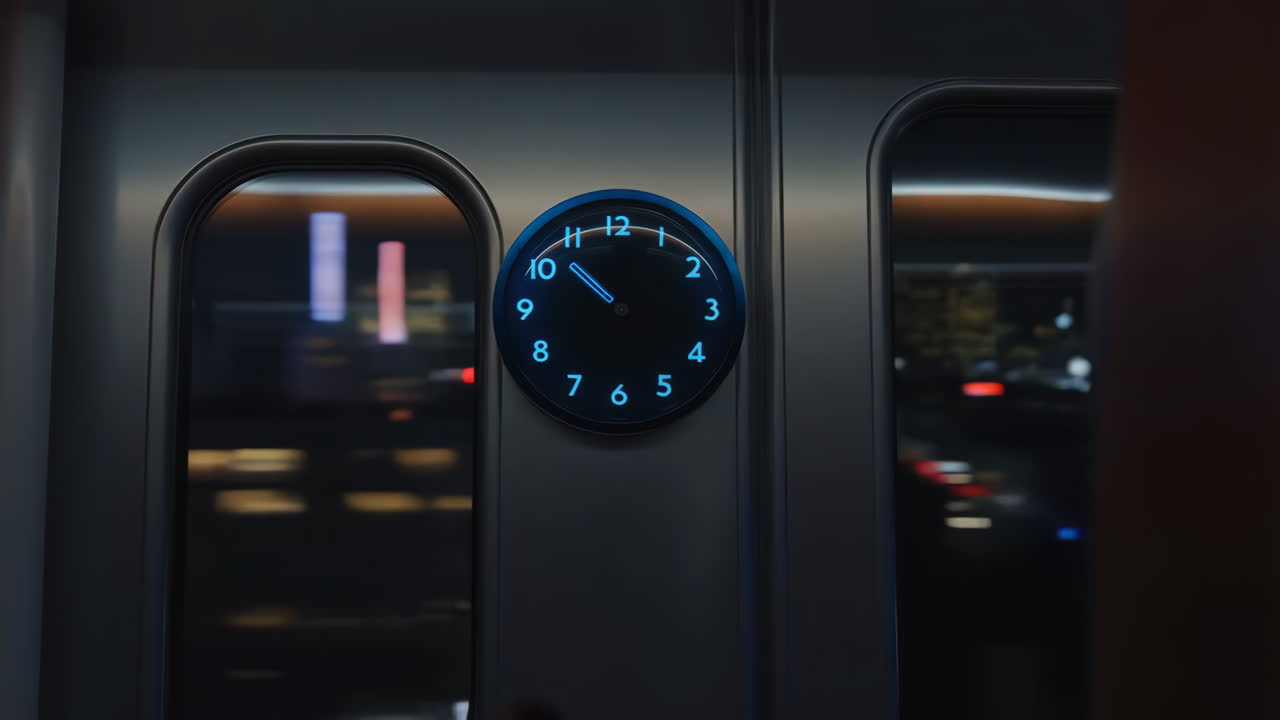 A glowing blue clock inside a train at night
