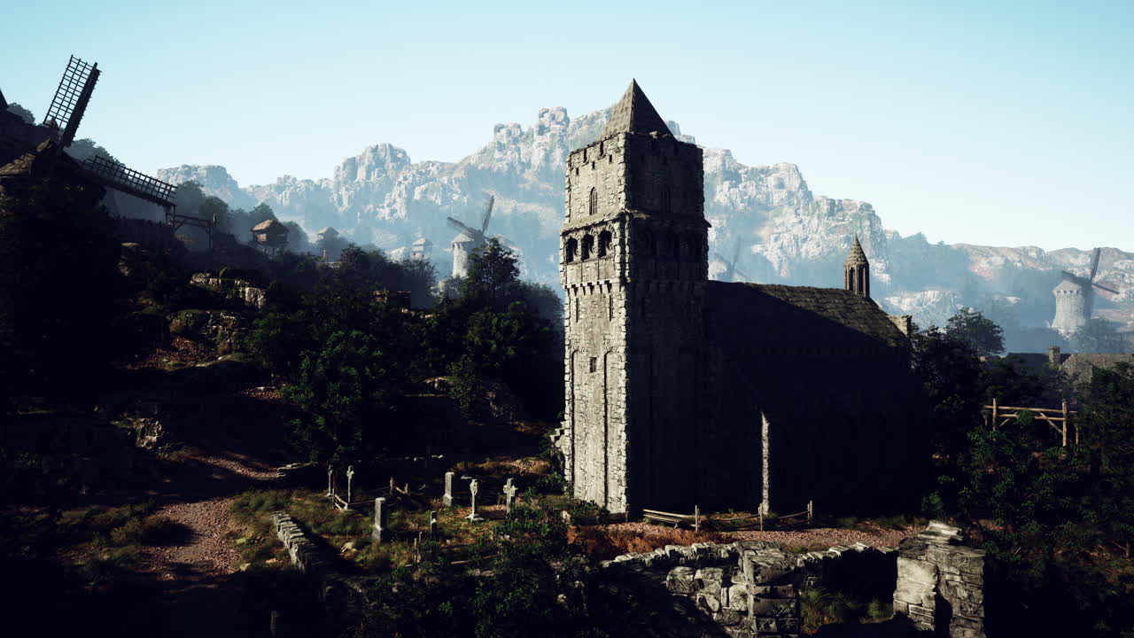 환상적인 마을에 있는 중세 교회