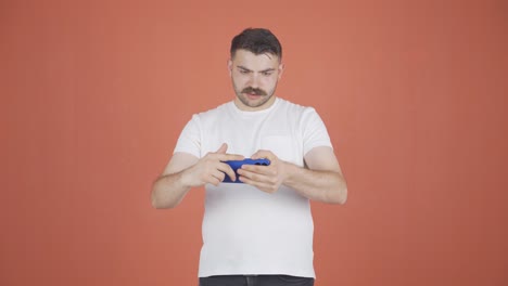 the phone of the man talking on the phone runs out of charge.