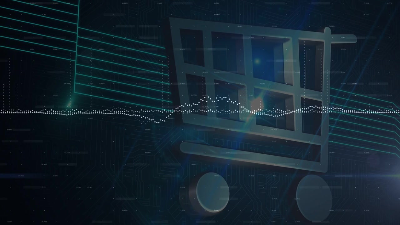 Impulso audio che inizia, icona di carrello 3D che si illumina e si inclina mentre una forma d'onda si muove verso destra mostrando dati di vendita.