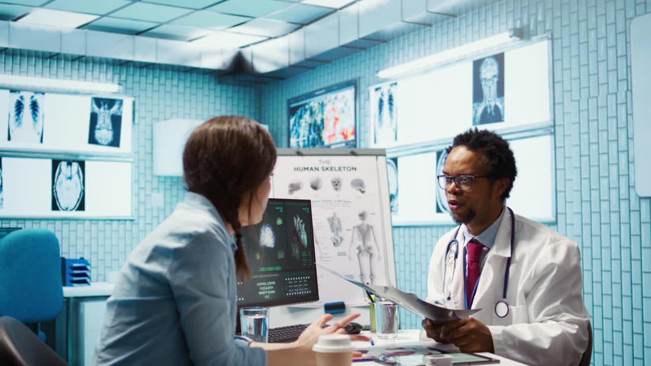 Female patient listening to a diagnostic report from doctor based on MRI results