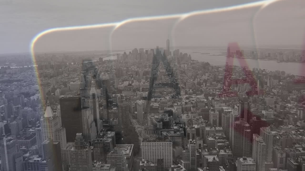 Animation of four aces playing cards over cityscape