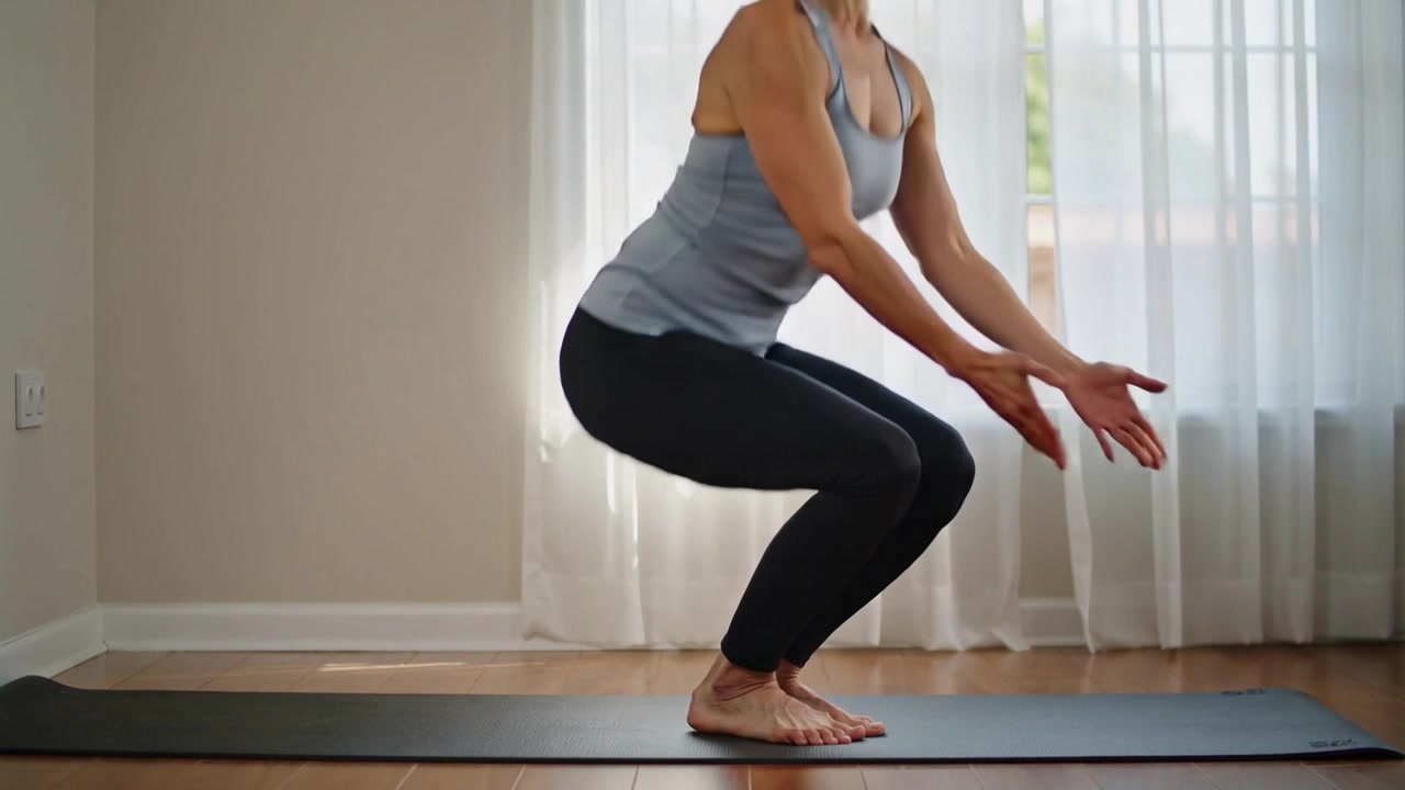 Donna in canotta e leggings che esegue un esercizio di centratura da seduta a in piedi su un tappetino da yoga in una stanza per il riscaldamento