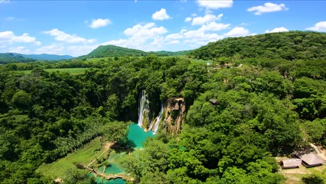 aerial view of a stunning waterfall in a lush tropical forest