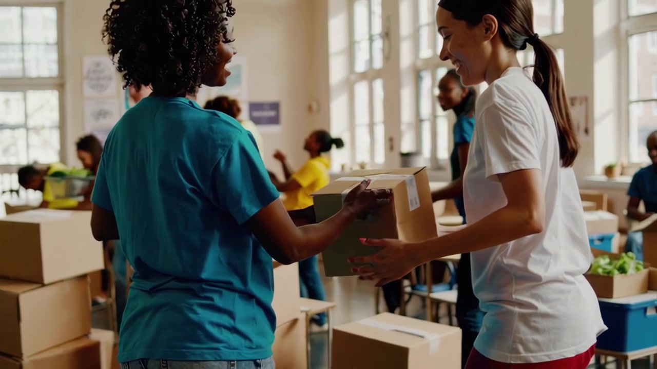 Two Women Volunteers Packing Cardboard Boxes for Charity