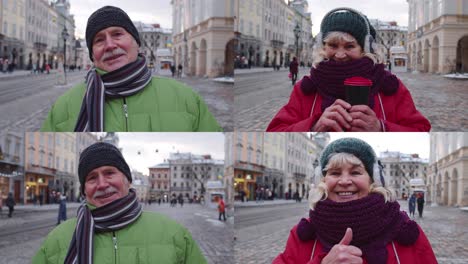 retrato de un anciano turista sonriendo, mirando a la cámara en el centro de la ciudad de invierno de lviv, ucrania