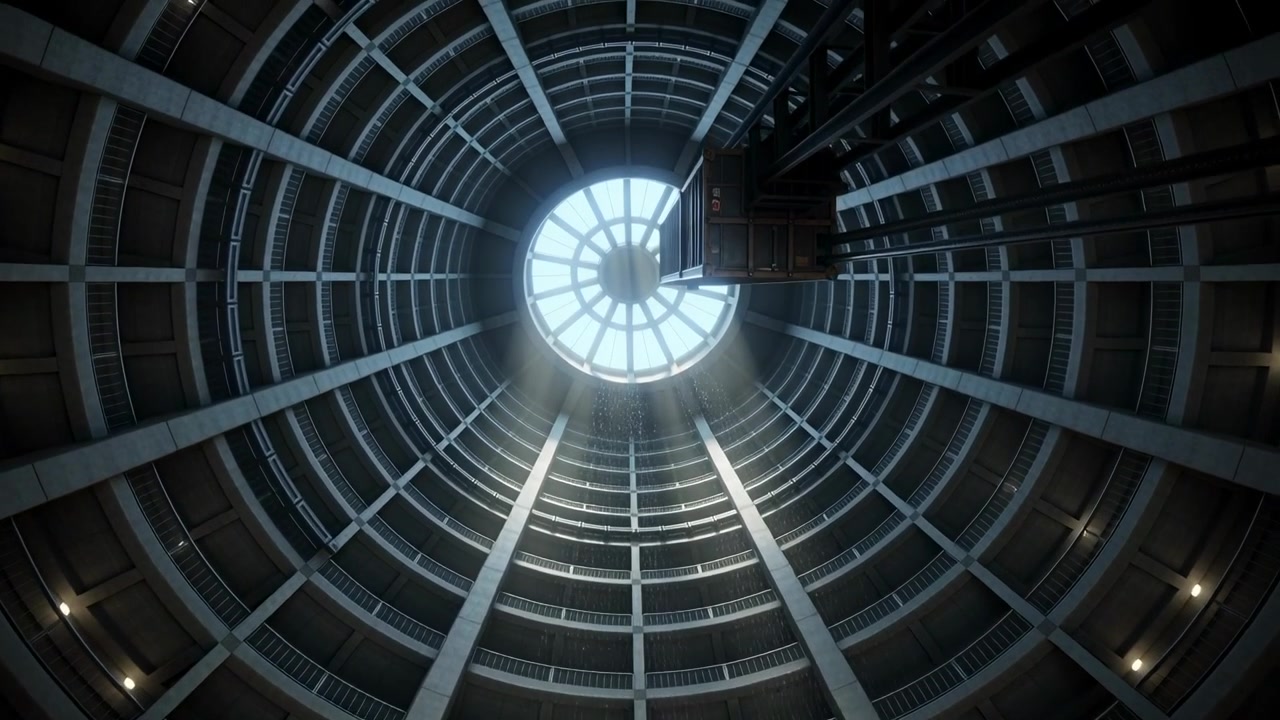Hoist engaging, suspended metal lift descending toward skylight in atrium for repair, copy space