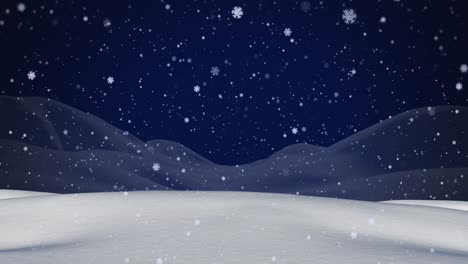 animation of white christmas snowflakes falling over blue night sky and winter landscape