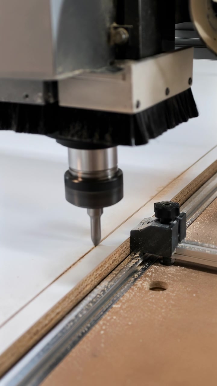 Vista verticale ravvicinata del mandrino e della fresa di un router CNC allineati con una scanalatura stretta fresata su pannello truciolare laminato bianco, fissati da una guida metallica, una manopola di serraggio e un dispositivo di fissaggio da officina