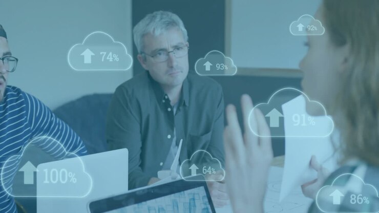 Animation of clouds with growing numbers over diverse colleagues having meeting in office