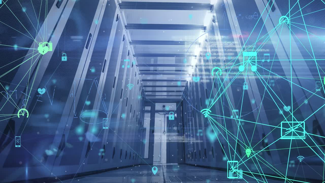 Animation of connected icons, mathematical equation, computer language over server room