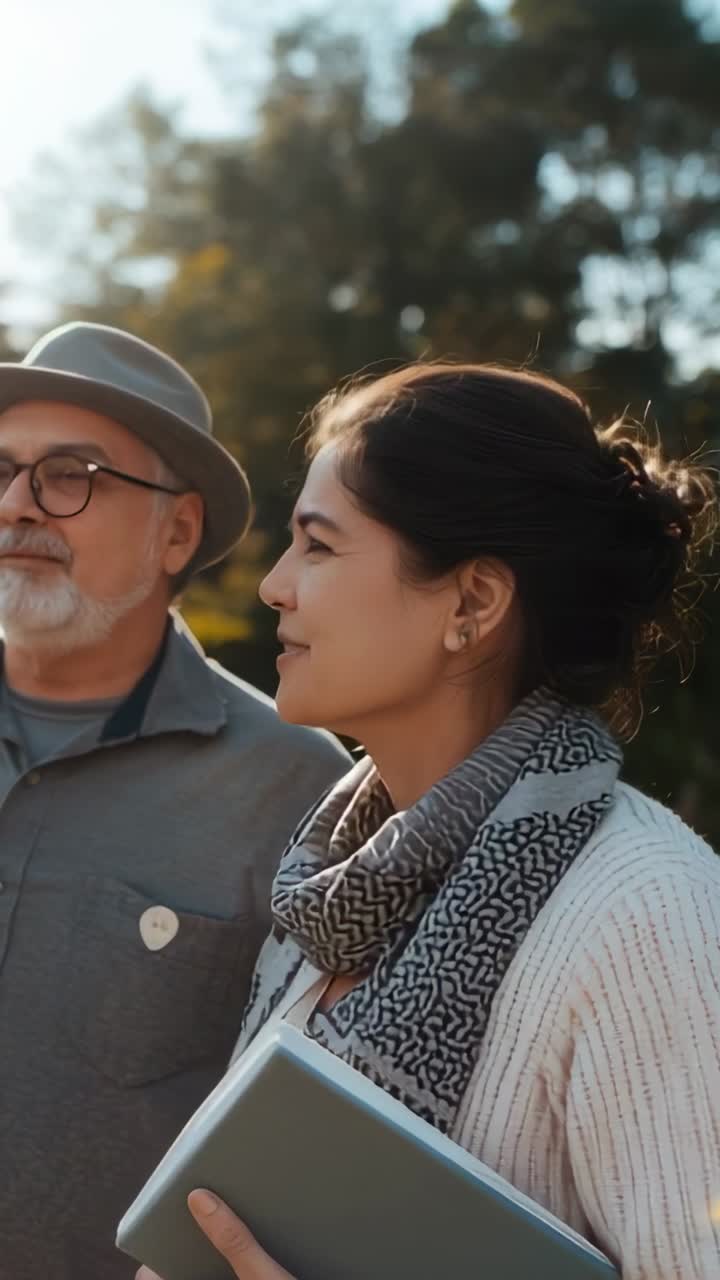 Vertical video: Noticing garden view, couple discussing plants in yard, holding tablet, scarf, hat